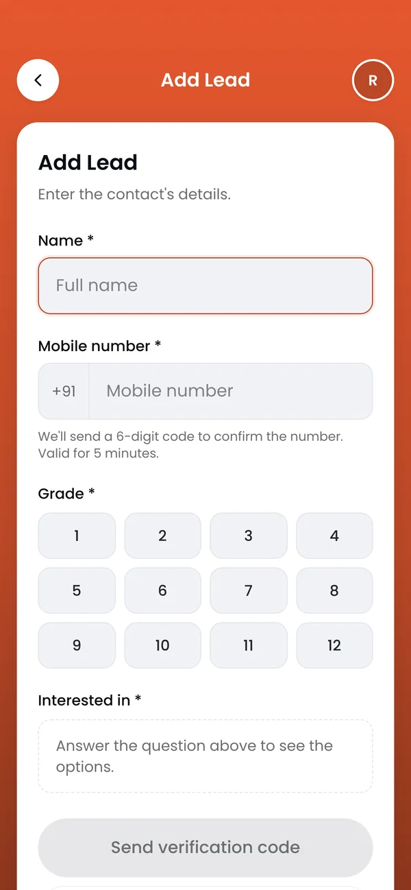 Add lead form: name, mobile number and configurable questions