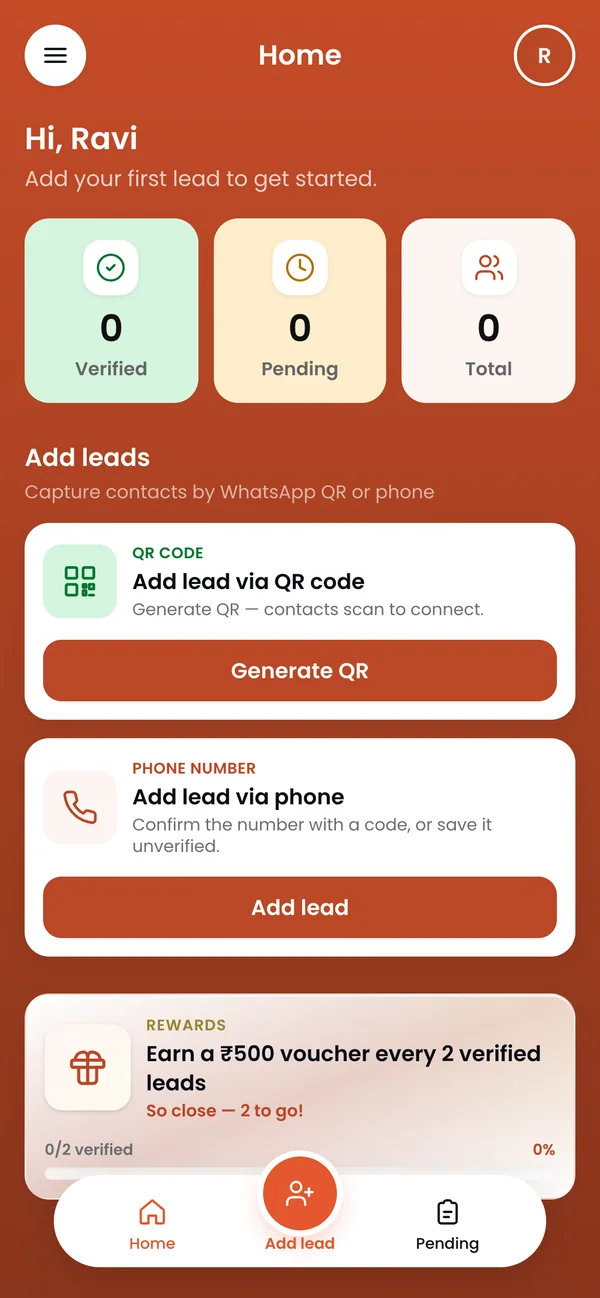 Rep home: verified, pending and total leads, add by QR or phone